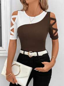 SHEIN Clasi 夏季女士圓領露肩短袖修身對比色T恤 - 咖啡棕 - 查看 3