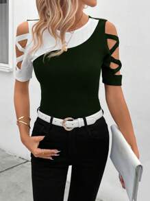 SHEIN Clasi Áo thun nữ ngắn tay màu khối rỗng đơn giản hàng ngày - Màu xanh lá cây đậm - Xem 4