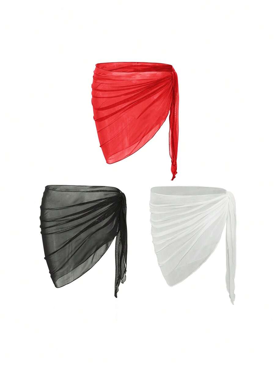 Swim Basics 3 Cái/bộ Kết Hợp Khăn Đi Biển Và Khăn Đi Biển Đơn Giản Màu Trơn Hàng Ngày Cho Nữ, Bãi Biển Mùa Hè - Nhiều màu - Xem 1