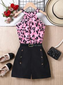 SHEIN Conjunto de Verão para Meninas Pré-adolescentes com Blusa de Alças de Leopardo e Shorts com Botões Decorativos