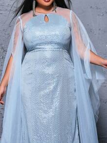 seomiscky Plus Size Mesh & Sequin Patchwork Floor-Length Evening Dress - Blue - View 6