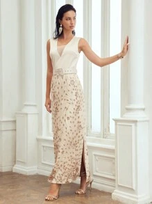 MOTF PREMIUM CONTRAST SEQUIN SPLIT THIGH BUCKLE BELTED DRESS
