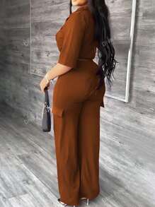 2pcs Women's Top+Pants Set (Casual Fashion Solid Color Drawstring Pocket Decorated Trousers Outfit)