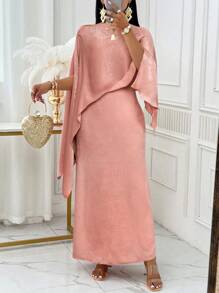 SOLERSUN Asymmetrical Neck Cloak Sleeve Satin Dress - Pink - View 6
