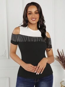 SHEIN Lady 女士黑白拼接圓領時尚優雅流蘇T恤 - 黑與白 - 查看 5