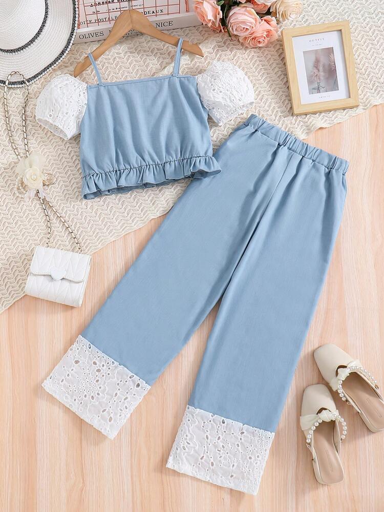 Tween Girl 2pcs Blue Denim Embroidered Lace Top And Pants Set, Casual Outfit