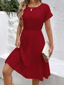 SHEIN Clasi Robe élégante d'été à manches courtes plissées de couleur unie bordeaux longue pour femmes