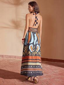 MOTF PREMIUM VESTIDO DE ESPALDA ABIERTA DE CUELLO HALTER CON ESTAMPADO DE PLANTAS