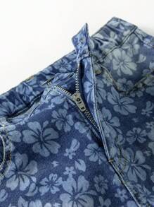 Tween Girl 复古印花牛仔短褲，適用於日常穿著 - 深色水洗藍 - 查看 4