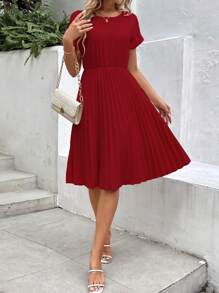 SHEIN Clasi Robe élégante d'été à manches courtes plissées de couleur unie bordeaux longue pour femmes