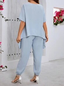 EMERY ROSE Conjunto de dos piezas de top asimétrico y pantalones de talla grande para el verano - Azul - Ver 2