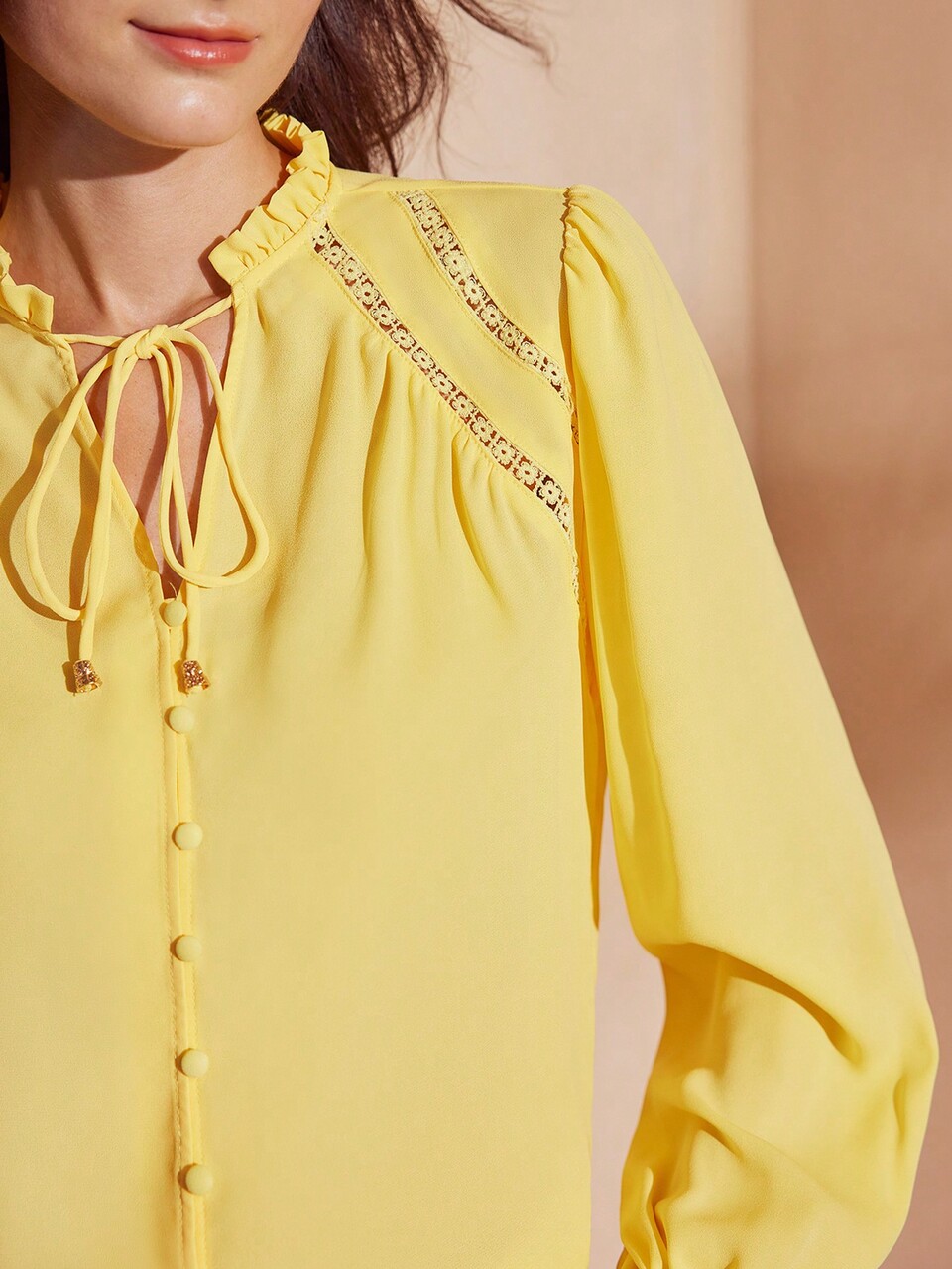 SOLID LACE INSERT FRILL TRIM TIE NECK BLOUSE