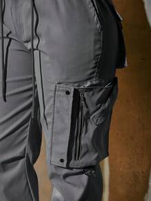 Women's Y2K Streetwear Vintage Drawstring Waist Multi-Pocket Side Zipper Detail Snap Button Hem Cargo Jogger Pants, Casual Daily Wear Spring - Dark Grey - View 3