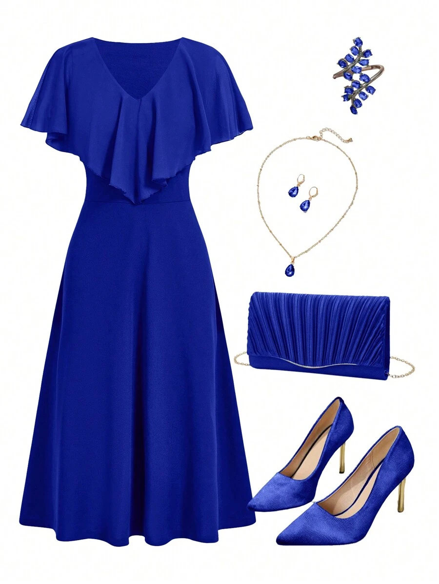 Ellevyn Ladies' Mid-Length Green Dress With Ruffle Hemline - Royal Blue - View 1