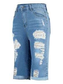 Women's Tight Distressed Versatile Denim Knee Length Shorts, Spring/Summer - Light Wash - View 5