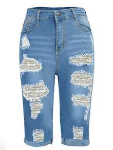 Women's Tight Distressed Versatile Denim Knee Length Shorts, Spring/Summer - Light Wash - View 4