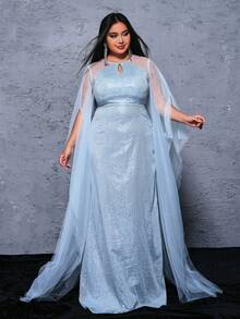 seomiscky Plus Size Mesh & Sequin Patchwork Floor-Length Evening Dress - Blue - View 5