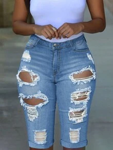 Women's Tight Distressed Versatile Denim Knee Length Shorts, Spring/Summer - Light Wash - View 3