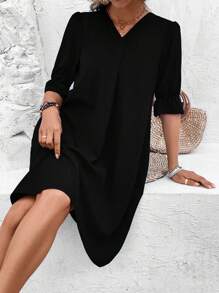 SHEIN Clasi Women Summer V-Neck Short-Sleeved Solid Color Dress - Black - View 6