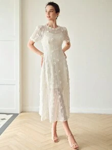 MOTF PREMIUM STEREO FLOWER DETAIL POINTELLE KNIT DRESS WITH SLIP DRESS