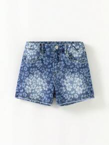 Tween Girl 复古印花牛仔短褲，適用於日常穿著 - 深色水洗藍 - 查看 1
