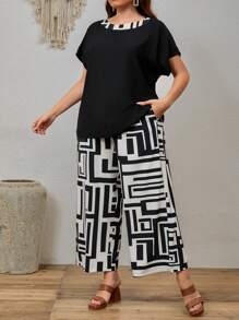 EMERY ROSE 大尺碼女士圓領短袖上衣和幾何圖案褲子，休閒二件組夏季服裝,帶口袋 - 黑與白 - 查看 3