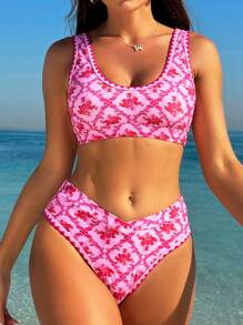 SHEIN Swim 女士简约花朵印花比基尼套装，荷叶边两件套，夏季海滩 - 彩色 - 查看 1