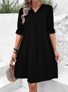 SHEIN Clasi Women Summer V-Neck Short-Sleeved Solid Color Dress - Black - View 5