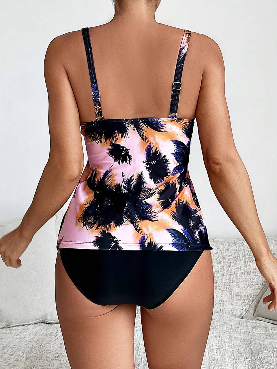 Women Printed Vacation Style Vest Top, Tankini And Swim Shorts Combination Summer