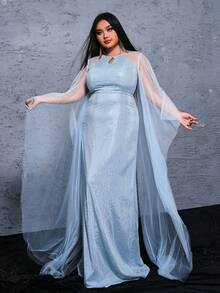 seomiscky Plus Size Mesh & Sequin Patchwork Floor-Length Evening Dress - Blue - View 4