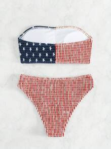 Swim Vcay Women's American Flag Print Bandeau Bra & Sexy Bikini Bottom Set, Holiday 4th Of July Bikini Set For Summer Beach 4th Of July Outfit
