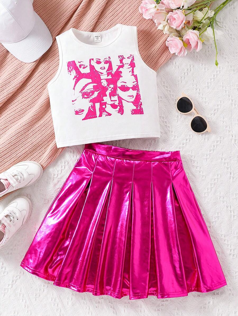 Tween Girl Figure Print Tank Top And Glossy Pleated Skirt - Hot Pink - View 1