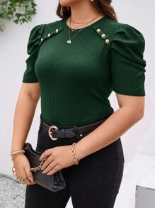 SHEIN Clasi Áo thun nữ cổ tròn tay bồng ngắn mùa hè cỡ lớn có nút kim loại trang trí - Màu xanh lá cây đậm - Xem 6