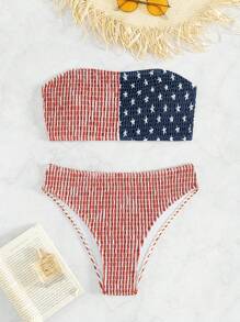 Swim Vcay Women's American Flag Print Bandeau Bra & Sexy Bikini Bottom Set, Holiday 4th Of July Bikini Set For Summer Beach 4th Of July Outfit