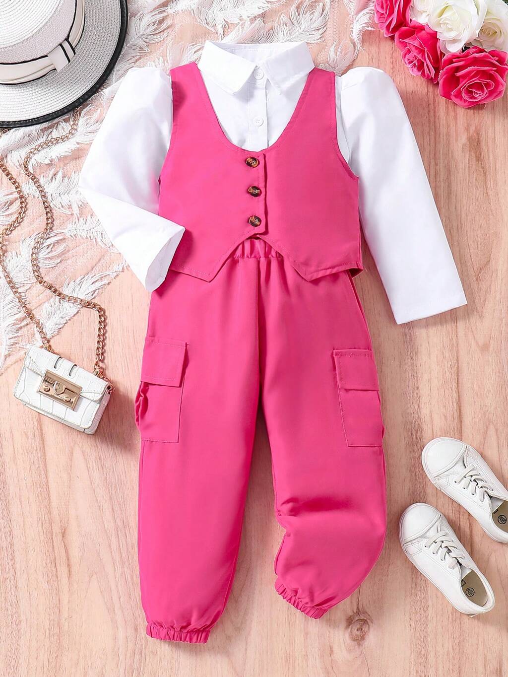 Young Girl Casual Commuting Puff Sleeve Long-Sleeved Shirt, Vest, Workwear Jogger Pants Suit, Spring, Summer And Autumn