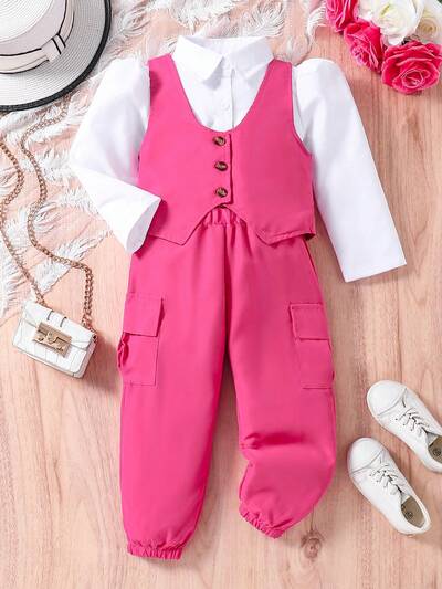 Young Girl Casual Commuting Puff Sleeve Long-Sleeved Shirt, Vest, Workwear Jogger Pants Suit, Spring, Summer And Autumn