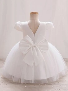 SHEIN Glamorique Kids 女嬰華麗薄紗洋裝，適合生日派對、晚宴、婚禮、洗禮、週歲生日、滿月派對等，秋季款 - 白色 - 查看 2