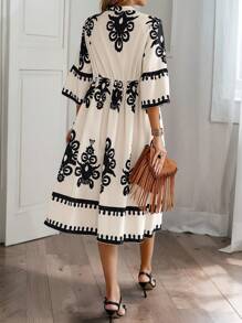 EMERY ROSE Random Printed Notched V-Neck Flare Sleeve Vacation Casual Dress - Apricot - View 2