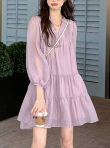 SHEIN Privé Vestido morado casual de verano con cuello de muesca, mangas de lámpara y línea A - Morado - Ver 1