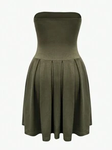 Women Solid Color Strapless Dress With Ruffled Hemline And Sleeveless Design, Summer - Green - View 2