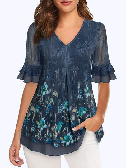 CheersLife Women's Short Sleeve Ruched Blouse, Casual Loose Printed Shirt, Layered Mesh Pleated Shirt
