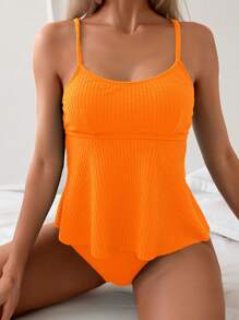 SHEIN Swim Women's Simple Solid Textured Tankini Top, Summer Beach Bathing Suit - Orange - View 1