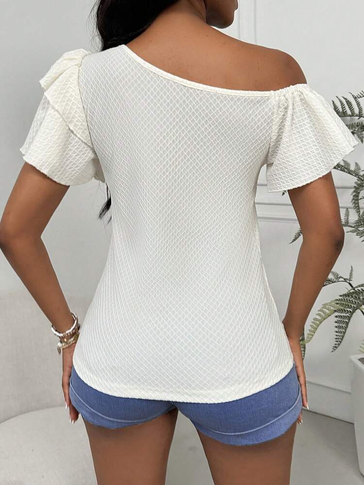 Rhombic Texture Asymmetrical Neckline Ruffle Sleeve Casual T-Shirt