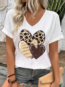 SHEIN LUNE Women Summer Casual Leopard Heart Print V-Neck Short Sleeve T-Shirt - White - View 1