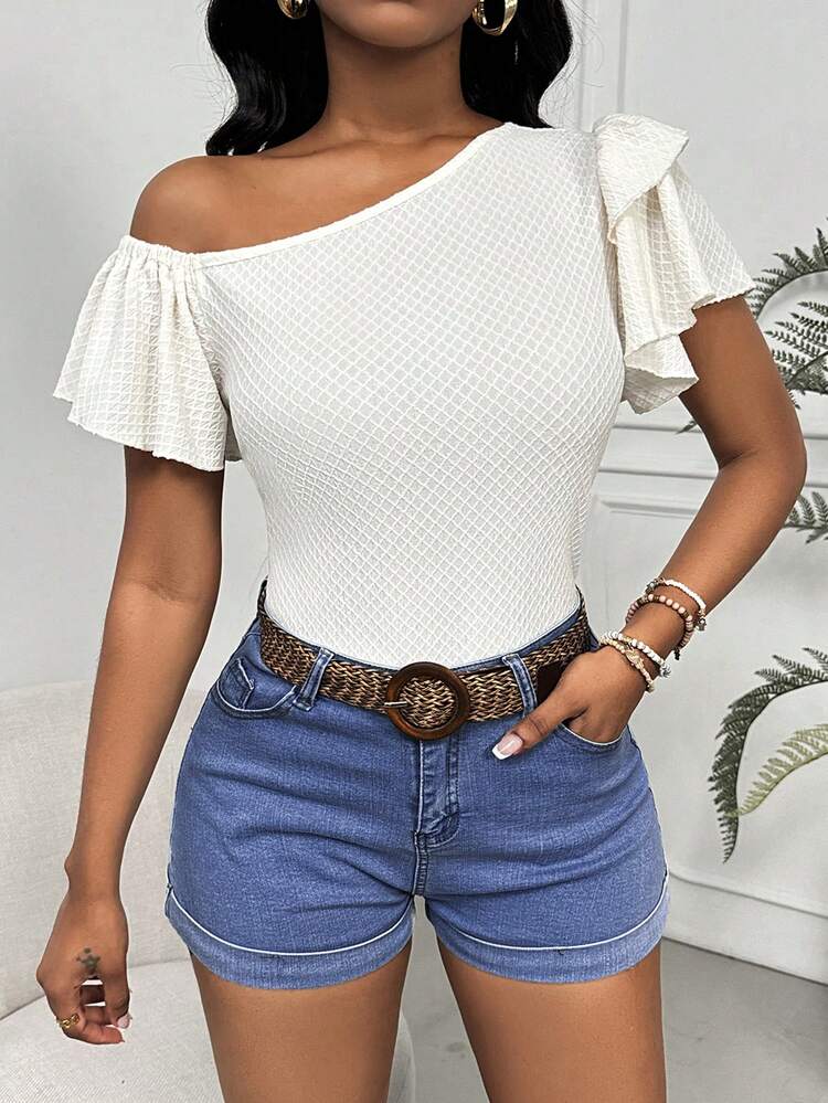 Rhombic Texture Asymmetrical Neckline Ruffle Sleeve Casual T-Shirt