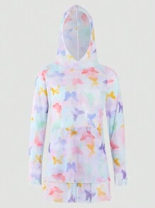 青少女蝴蝶印花連帽長袖套裝上衣和短褲 - 彩色 - 查看 1