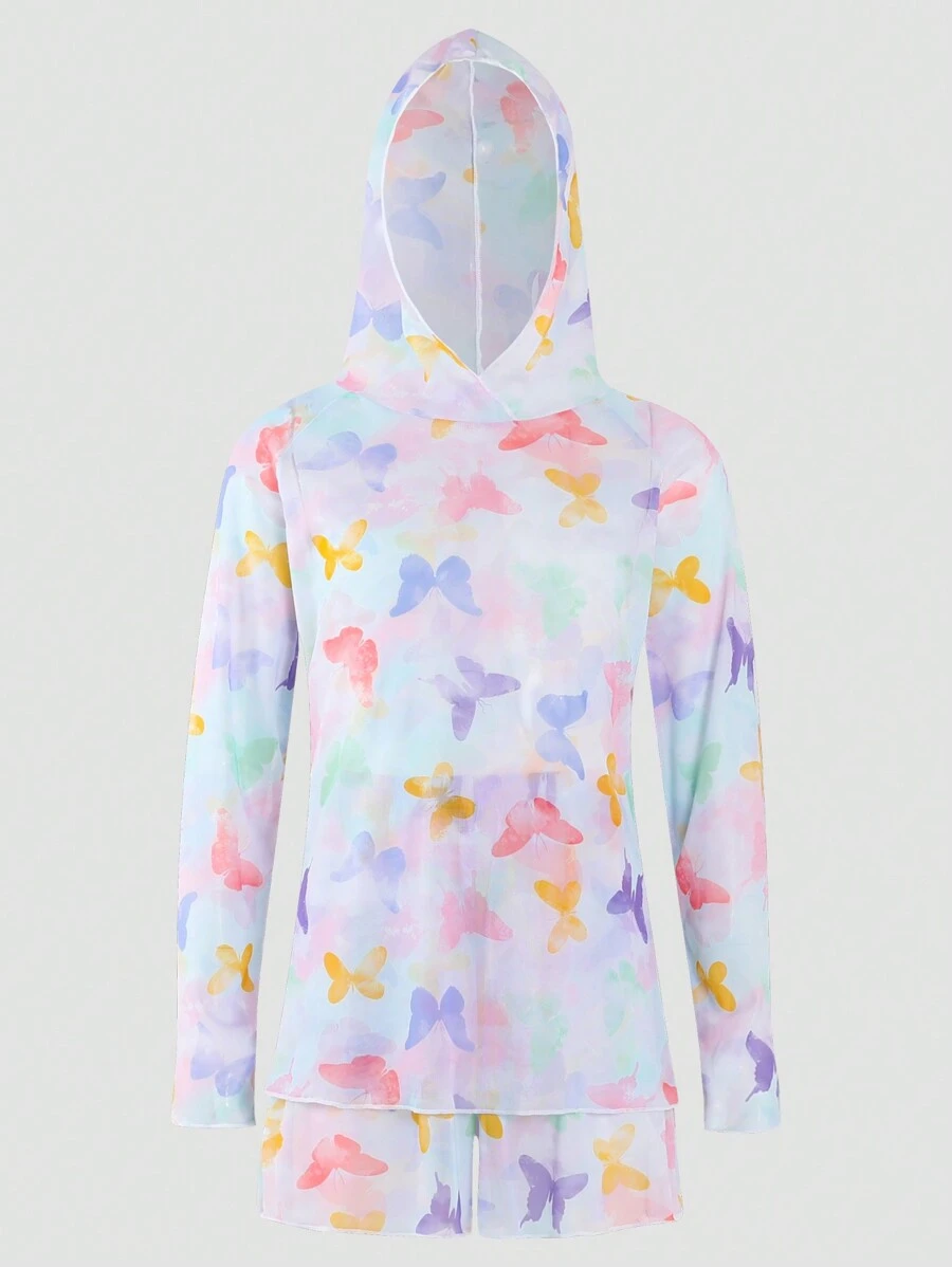 青少女蝴蝶印花連帽長袖套裝上衣和短褲 - 彩色 - 查看 1