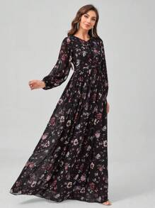 SUPGIR [Random Cut Flower Pattern] Chiffon Lantern Sleeves Elegant Long Evening Dress - Black - View 4