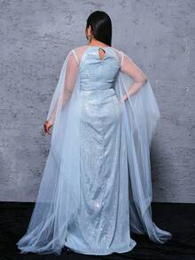seomiscky Plus Size Mesh & Sequin Patchwork Floor-Length Evening Dress - Blue - View 2