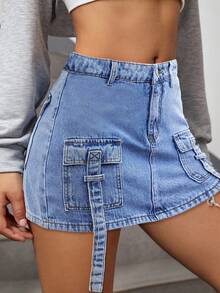 Denim Cargo Skirt With Strap And Pockets - Medium Wash - View 4